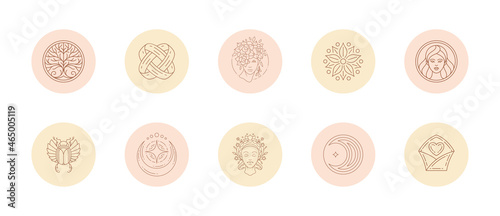 Set of icons and emblems for social media stories highlight covers in linear style vector illustration.