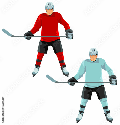 A hockey player in a sports uniform, a hockey helmet and on skates stands and holds a stick in his hands