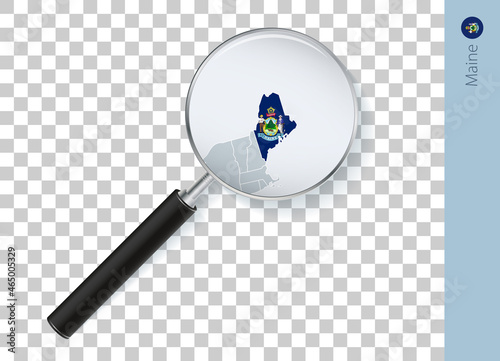 Maine map with flag in magnifying glass on transparent background. photo