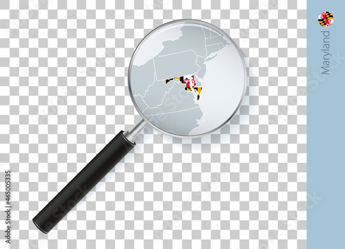 Maryland map with flag in magnifying glass on transparent background.