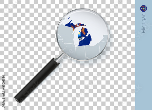 Michigan map with flag in magnifying glass on transparent background.
