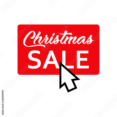 Regalos de Navidad. Banner con frase Christmas Sale manuscrito en cuadrado con flecha como cursor en color rojo