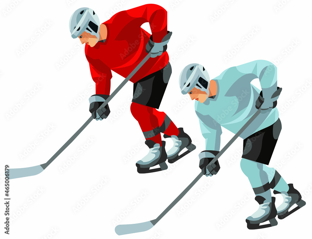 Profile black vector silhouette of a hockey player with a stick, wearing a helmet and a skating uniform Profile black vector silhouette of a hockey player with a stick, wearing a helmet and a skating uniform