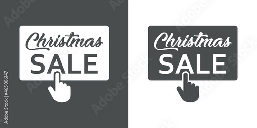 Regalos de Navidad. Banner con frase Christmas Sale manuscrito en cuadrado con mano como cursor en fondo gris y fondo blanco