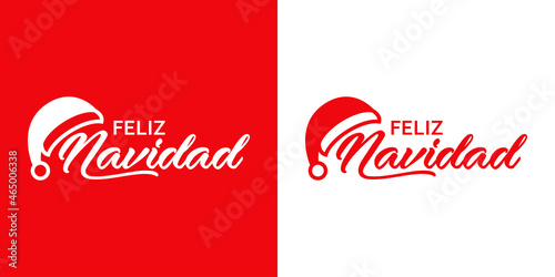 Banner con frase Feliz Navidad en español manuscrito con sombrero de Papá Noel en fondo rojo y fondo blanco