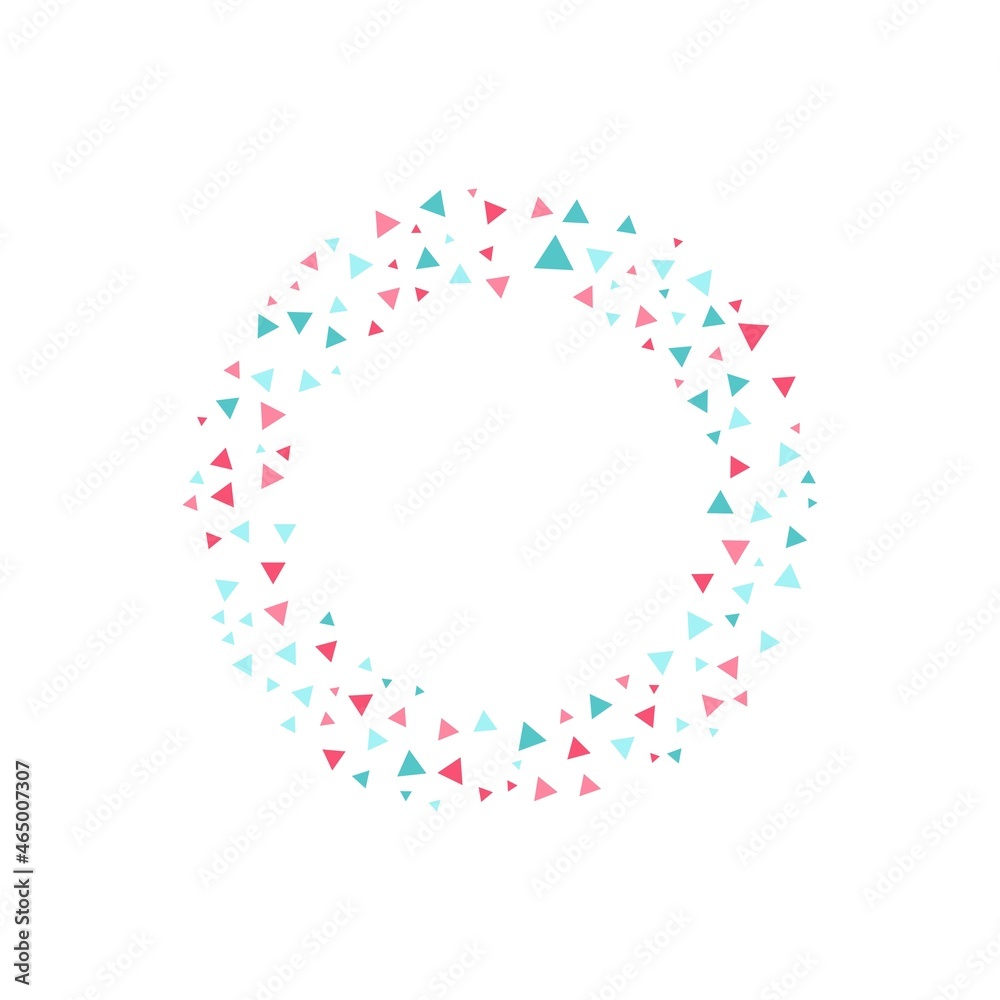 Colorful geometric triangles frame - wreath. Abstract vector background with colorful triangle shapes consisting of spherical geometric particles. Triangles dot frames colorful dot halftone.