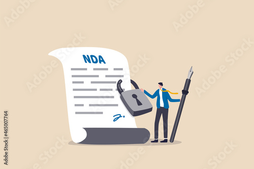 NDA, Non disclosure agreement contract signing, legal confidential document for working employee acknowledge concept, confidence businessman holding signing pen with NDA locked with padlock document.