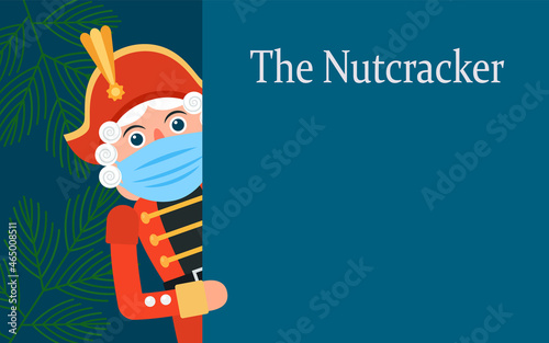 the character of the Nutcracker from the Christmas ballet wearing a medical mask.