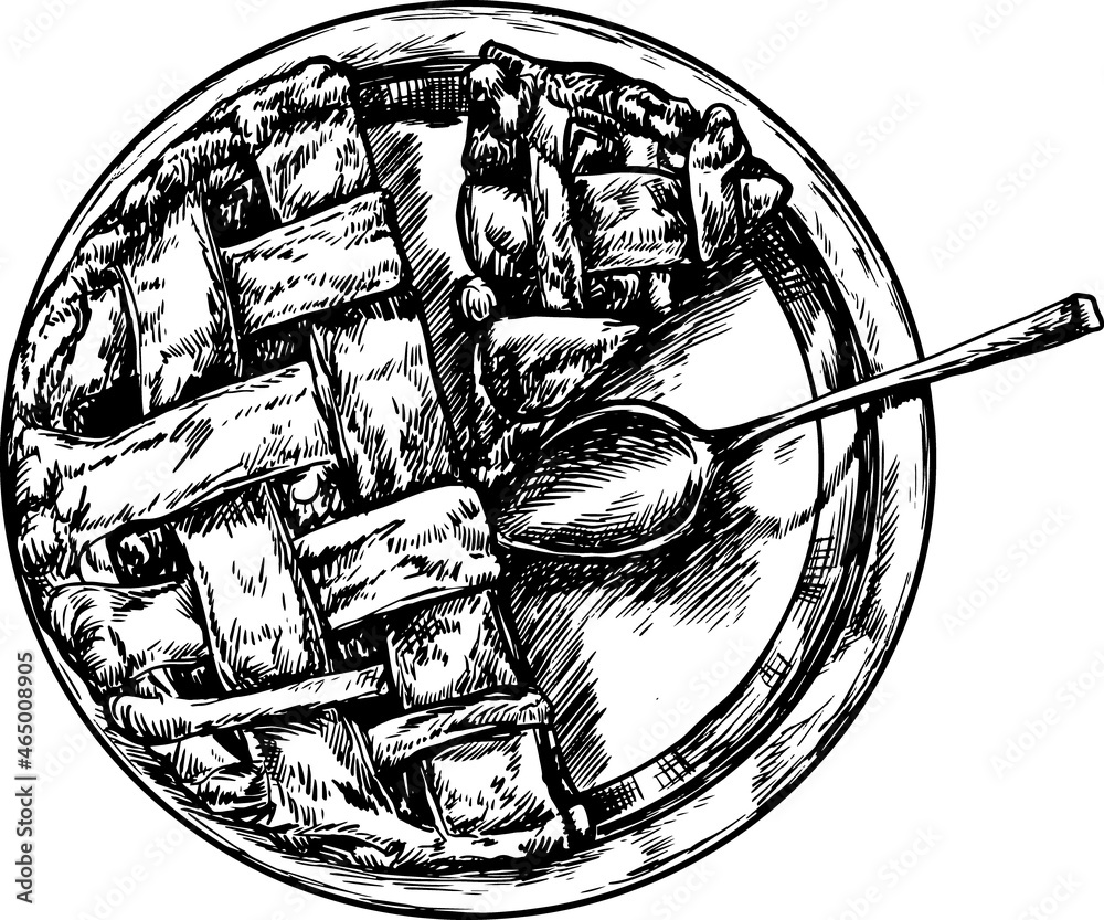 Lattice Pie Crust. Sketchy monochromatic image of a cake on a plate