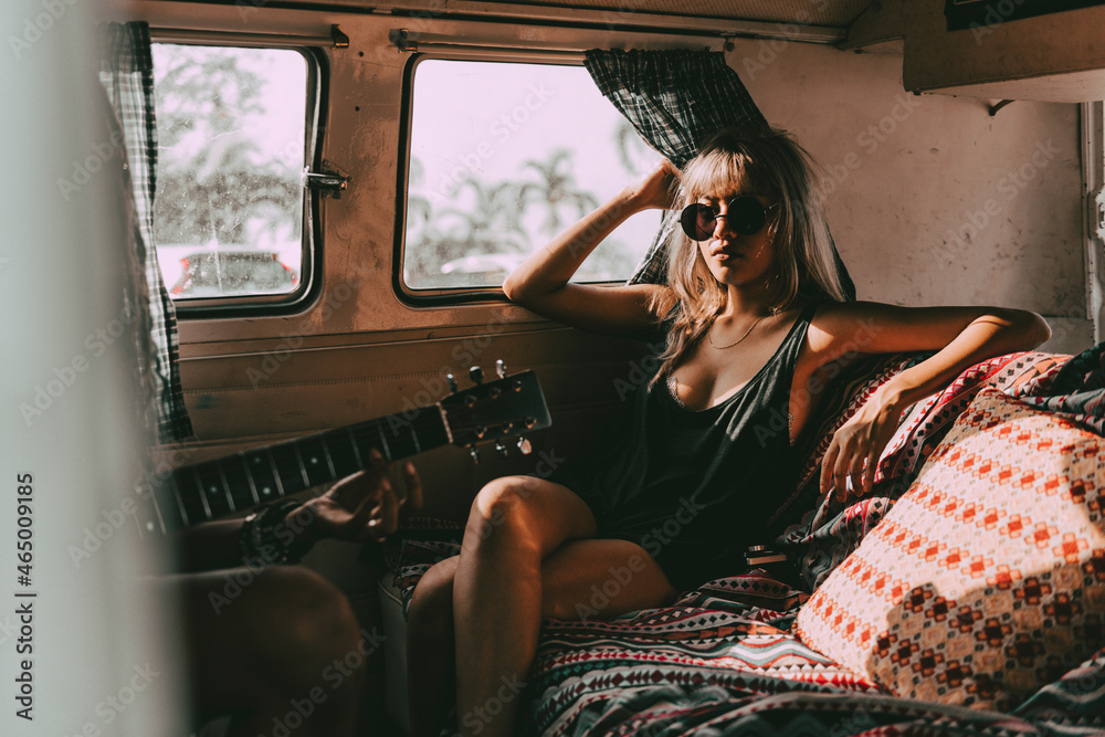 Foto Stock Aesthetic woman road trip portrait, travel influencer in a van |  Adobe Stock