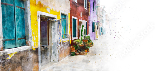 Burano, Venice, Italy, Watercolor drawing, beautiful background of the street and house of the island of Burano Venice, background for a tourist postcard from Italy, yellow wall © maxa0109