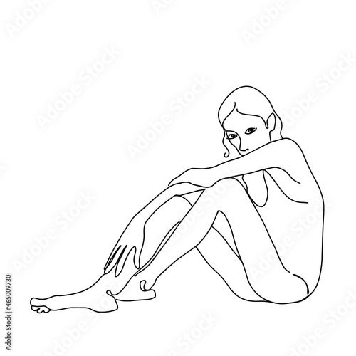 Hand drawn thin woman is sitting line art. Bareboned woman body silhouette. Outline drawing female feel ashamed of her body. Abstract minimalistic linear sketch.  Body positive vector illustration photo