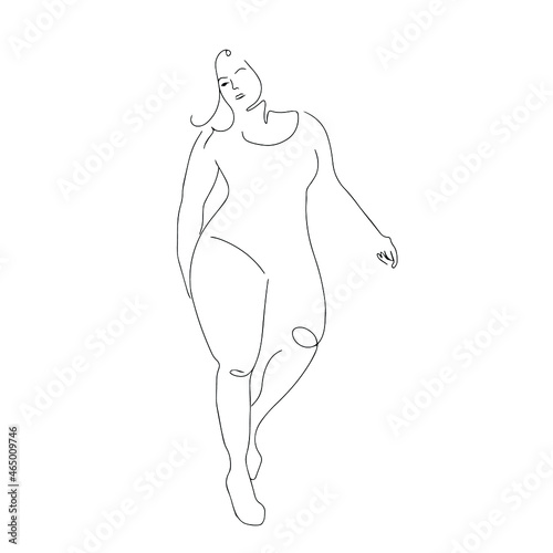 Hand drawn beauty body line art. Plus-sized woman body silhouette. Outline drawing naked female body. Abstract minimalistic linear sketch.  Body positive vector illustration