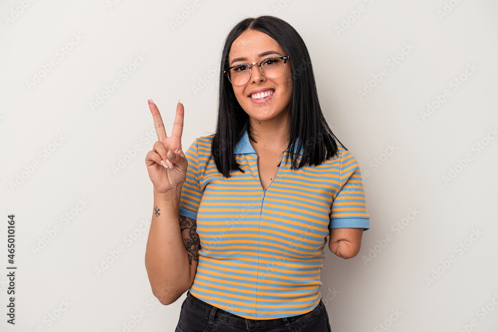Young caucasian woman with one arm isolated on white background showing number two with fingers. Young caucasian woman with one arm isolated on white background showing number two with fingers.