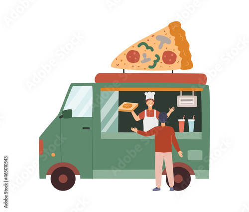 City street food Pizza wagon or truck, flat vector illustration isolated.