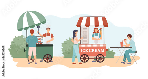 People buy food at vendor carts and eat outdoors, flat vector illustration isolated on white background.