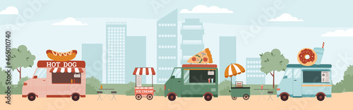 Street food cord or festival ground in city, flat vector illustration.