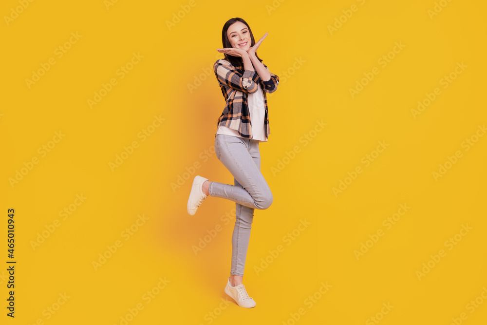 Photo of cute lovely cheerful lady hands cheeks isolated on yellow color background Photo of cute lovely cheerful lady hands cheeks isolated on yellow color background