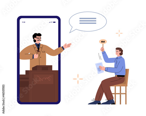 Online auction sale with people characters, flat vector illustrations isolated.