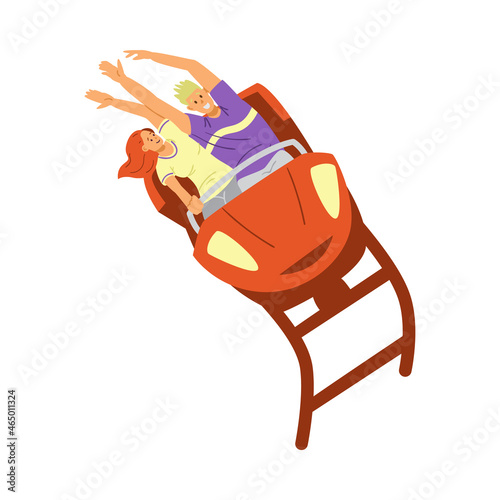 Teenagers ride roller coaster, flat vector illustration isolated on white background.