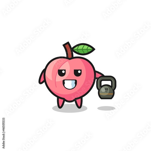 peach mascot lifting kettlebell in the gym