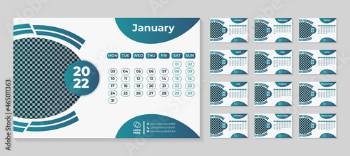 New Desk Calendar 2022 design set week starts from monday, sunday as holiday. Modern Corporate calendar 2022 template. Abstract monthly calendar 2022 year planner organizer schedule blue calender
