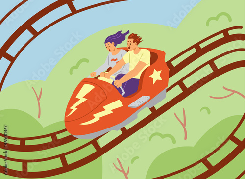 Scared and excited people riding roller coaster, flat vector illustration.