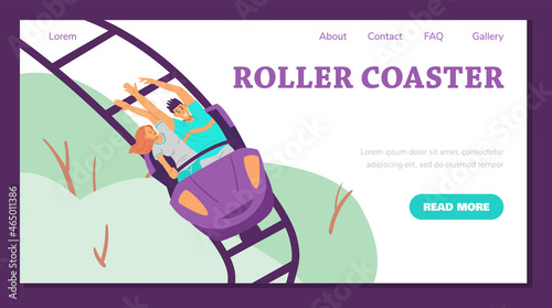 Landing page template with happy people on roller coaster, flat vector illustration.