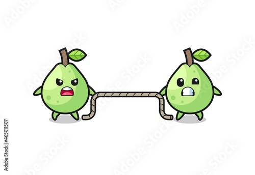 cute guava character is playing tug of war game