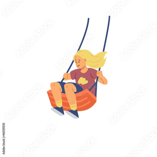 Happy girl rides swing, flat vector illustration isolated on white background.
