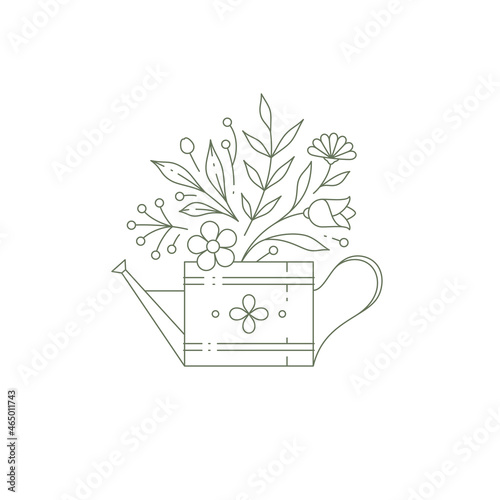 Monochrome blooming flower bouquet in watering can linear logo vector illustration