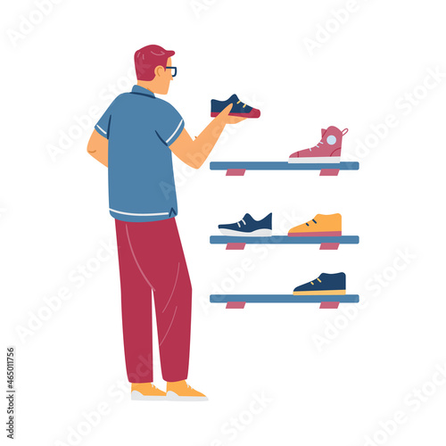 Male customer in footwear store chooses sneakers, flat vector illustration isolated on white background.