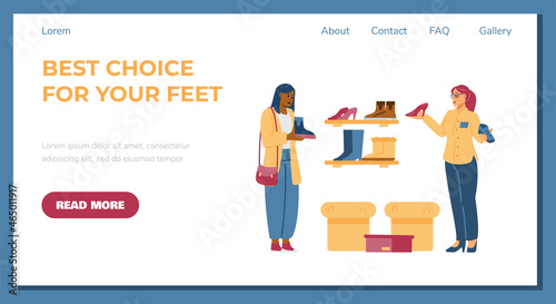 Woman customer or buyer in footwear store choses boots with help of assistant, website banner flat vector illustration.