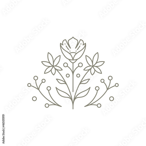 Florist decorative monochrome emblem with flower  stem  berries and leaves logo vector illustration
