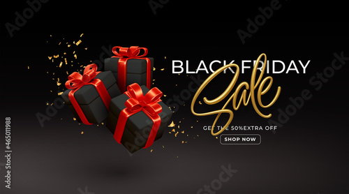 Black Friday sale background with realistic 3d black gift boxes with red bows. Gold lettering sale. Vector illustration