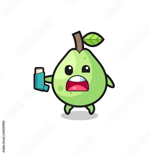 guava mascot having asthma while holding the inhaler