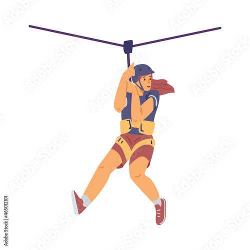 Woman on zipline in adventure park, flat vector illustration isolated on white background.