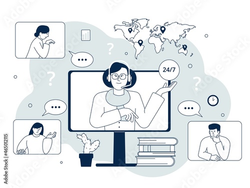 Customer support concept. Client call phone, operator in headphone. Global helping service, online assistance. Virtual supportive assist recent vector scene