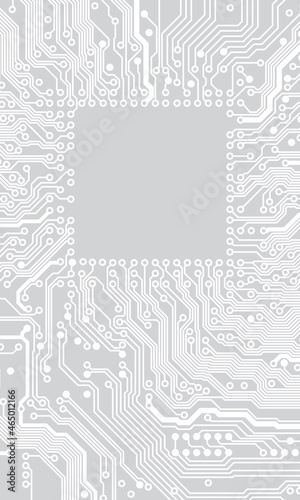 Circuit board background. Technological concept design, light background, space for text, copy space. Electronic computer technology, digital chip, analog circuit. Banner, presentation. Vector