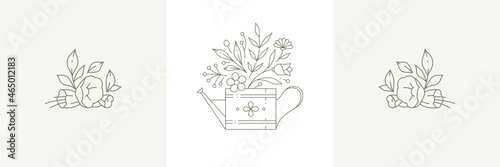 Linear simple botanical postcard set blossom flowers bouquet at watering can rustic icon