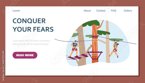 Web page template with people in adventure park, flat vector illustration.