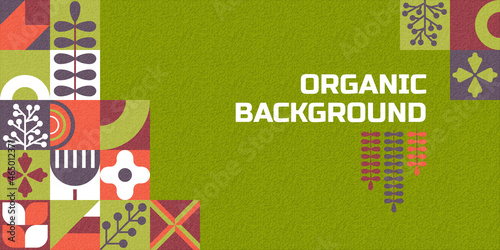 Flat eco food poster. Geometric form brochure, simple organic vegetable fruits market ad template. Healthy bio products swanky vector background