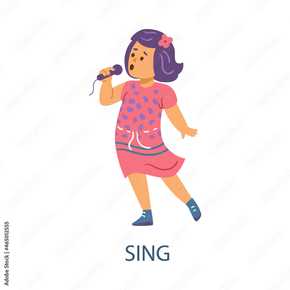 Beautiful little girl with microphone sings song in flat vector illustration Beautiful little girl with microphone sings song in flat vector illustration