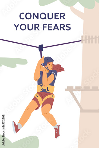 Woman in protective equipment and helmet climbs in adventure park on rope - flat vector illustration.