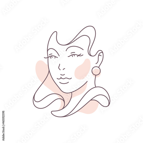 Cute female face silhouette earrings waving hairstyle continuous line art deco icon vector