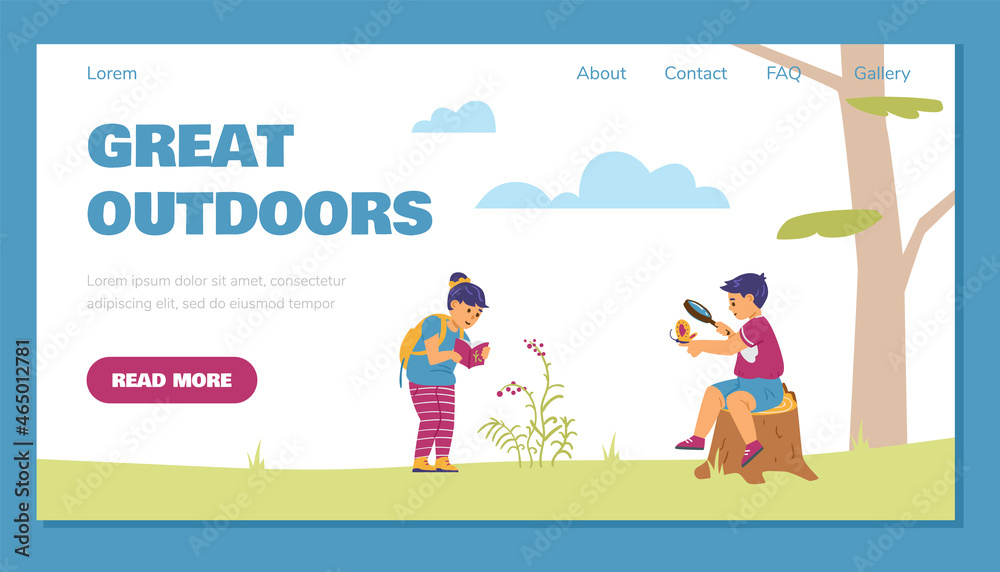 Children spending time outdoors, landing page template - flat vector illustration. Children spending time outdoors, landing page template - flat vector illustration.