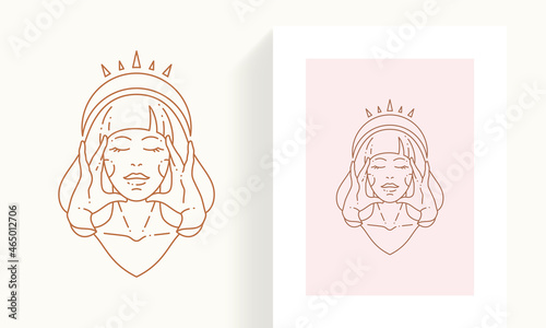 Line art contour portrait woman goddess in crown tiara touching face skin icon postcard border
