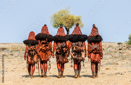 Group of women of the Himba tribe are walking through the desert in national clothes. photo