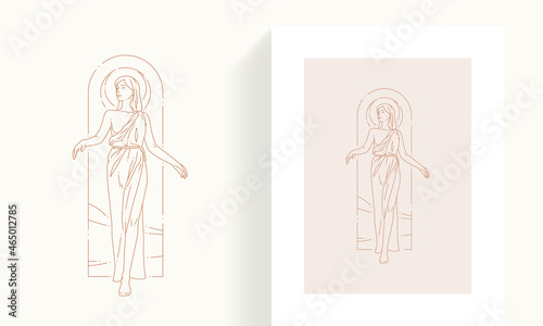Elegant woman Greek antique goddess in dress with half moon decorative esoteric frame line art card