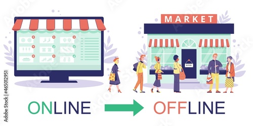 Online to offline shop conversion, flat vector illustration isolated.